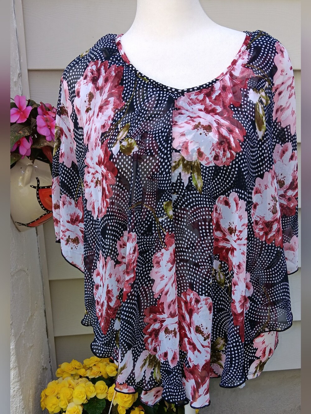 Floral Pink and Black Sheer Blouse - Women's Top